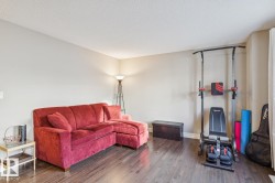Wood-finish flooring provides a durable surface throughout this living space - 