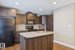 Kitchen featuring an island with a built-in sink, stone-finish countertops, wood-finish cabinetry, and black appliances - 