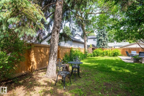 Expansive backyard featuring a lush lawn, mature trees, wood fencing, and a concrete patio space - 11634 74 Avenue Nw, Edmonton, AB 