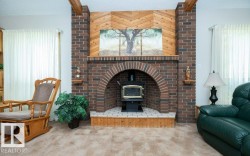 Brick fireplace featuring an arched firebox opening with a wood-burning stove insert, tile hearth, and wood mantel - 