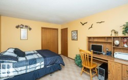Bedroom featuring soft beige carpeting, light yellow walls, and a built-in wood-finish desk with shelving - 