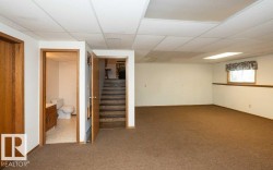 Spacious finished basement featuring brown carpeting, white walls with a brown chair rail, and a drop ceiling with recessed lighting - 