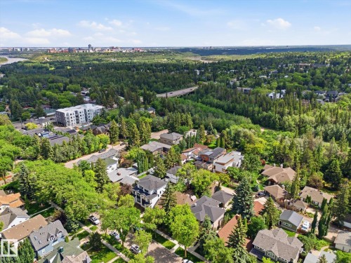 Aerial perspective showcasing a residential neighborhood with diverse architectural styles, abundant mature trees, and a distant cityscape - 14309 101 Avenue, Edmonton, AB 