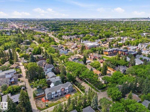 Aerial perspective showcasing a verdant urban landscape with abundant mature trees and residential properties - 14309 101 Avenue, Edmonton, AB 