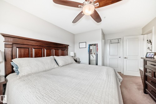 Spacious bedroom featuring light neutral wall paint, a ceiling fan with integrated lighting, and plush carpet flooring - 311 142 Ebbers Boulevard, Edmonton, AB 