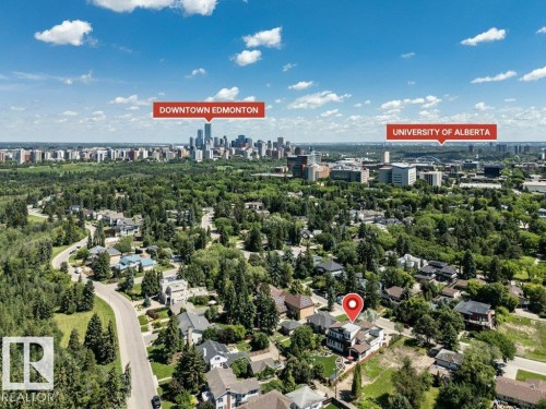 Aerial perspective of a residential neighborhood featuring mature trees and winding roads - 8914 120 Street, Edmonton, AB 