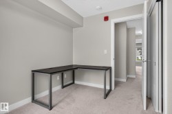 Flexible room featuring soft gray walls, neutral carpet, white trim, and a built-in L-shaped dark wood-finish desk with metal legs - 