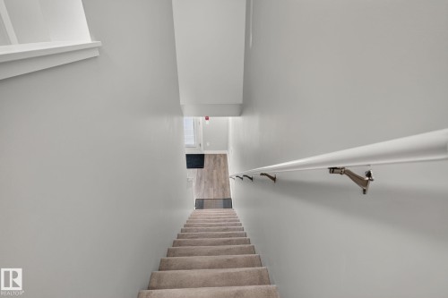 Carpeted staircase with light gray walls, a white handrail with brass-finish brackets, and a wood-finish flooring area at the bottom - #90 2560 Pegasus Bv Nw, Edmonton, AB - Indoor Photo Showing Other Room