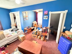 Room featuring vibrant blue walls and complementing red-hued carpet - 