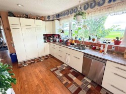 Kitchen featuring light wood-finish flooring, white cabinetry with silver-tone hardware, a double basin stainless steel sink, a stainless steel dishwasher, and a window with a green outdoor scenery - 