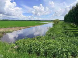 Expansive green fields bordering a water channel with lush, natural vegetation - 