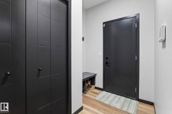 Entryway featuring a dark paneled door and matching closet doors with matte black hardware - 
