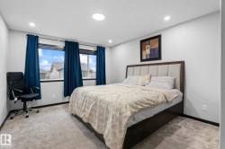 Carpeted bedroom with a pair of windows, recessed lighting, and a circular ceiling light fixture - 