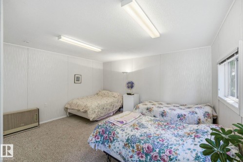 Interior space featuring textured wall panels, carpet flooring, a window offering natural illumination, and two overhead fluorescent light fixtures - 1410 47436 Range Rd. 15, Rural Leduc County, AB 