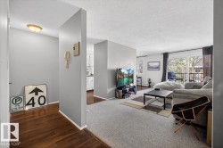 Living area featuring light gray walls, textured white ceilings, and a light gray carpeted floor - 