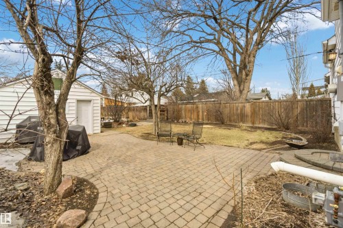 Expansive backyard featuring a large paver patio, a detached garage, mature trees, and a wood privacy fence - 6036 106 Street, Edmonton, AB 