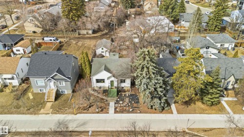 Cottage-style residence featuring a prominent evergreen tree at the property's front, a contrasting roofline, and a paved front walkway - 6036 106 Street, Edmonton, AB 