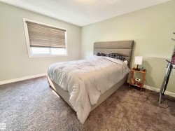 Bedroom with light green walls and textured carpeting - 