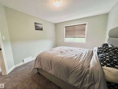 Bedroom featuring light gray wall paint, textured carpet flooring, a single window with blinds, white trim, and a ceiling-mounted light fixture - 108 South Creek Wynd, Stony Plain, AB 