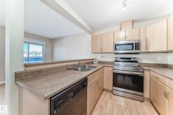 Kitchen featuring light wood-finish cabinetry, stainless steel appliances, and a double basin sink - 
