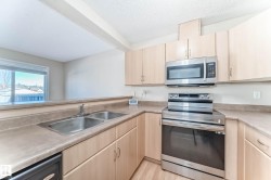 Kitchen featuring light wood-finish cabinetry, stainless steel appliances, a double basin sink, and ample countertop space - 