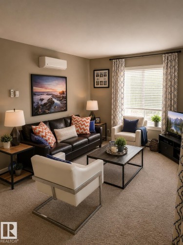 Carpeted living area featuring a wall-mounted mini-split system, window with blinds, and drapery rod - 128 1510 Watt Drive Sw, Edmonton, AB 