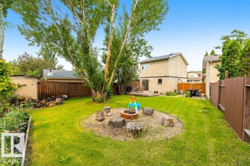 Expansive backyard featuring a large mature tree, manicured lawn, and a designated fire pit area with tree stump seating - 18609 54 Avenue, Edmonton, AB 