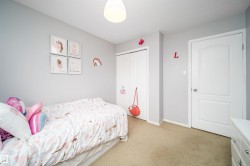 Carpeted room with light grey walls, a white bi-fold closet door, and a white interior door with a paneled design - 