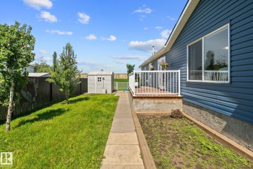Exterior featuring blue siding, a white-railed deck, a large window, a concrete walkway, and a storage shed - 31 Graywood Cove, Stony Plain, AB 