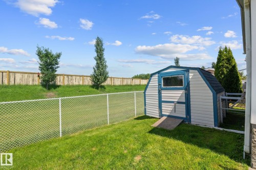 Backyard with chain link fencing, a wooden privacy fence, a storage shed with a window, and mature trees - 31 Graywood Cove, Stony Plain, AB 