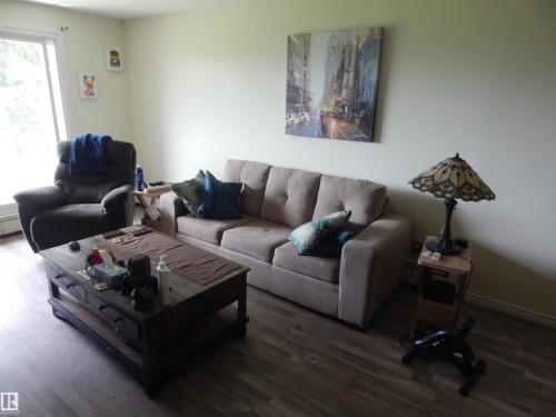 Open-concept living area featuring wood-finish flooring, light-toned walls, and a large window with natural light - 204 4601 131 Avenue, Edmonton, AB 