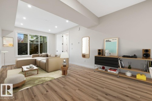 Open-concept living space with wood-finish flooring - 10932 132 Street, Edmonton, AB - Indoor