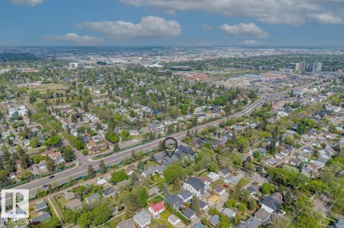 Aerial perspective showcasing the property marker within an established residential area - 10932 132 Street, Edmonton, AB - Outdoor With View