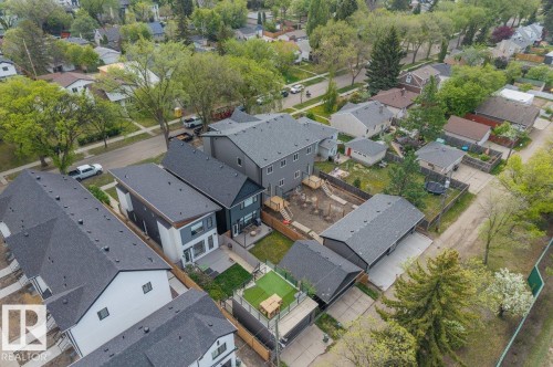 Aerial perspective showcasing a modern residential streetscape - 10932 132 Street, Edmonton, AB - Outdoor With View