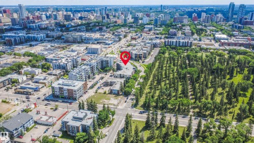 Aerial perspective showcasing a dense urban core with a significant green space - #209 10611 117 St Nw, Edmonton, AB - Outdoor With View