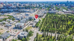 Aerial perspective showcasing a dense urban core with a significant green space - 