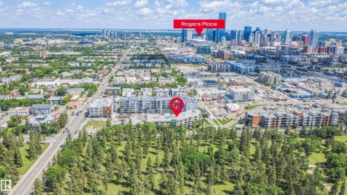 Aerial perspective showcasing a vibrant urban landscape with a prominent downtown skyline - #209 10611 117 St Nw, Edmonton, AB 