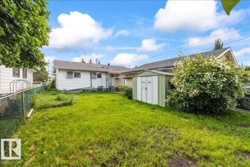 Expansive grassy yard area featuring a chain link fence, mature trees, and an exterior storage shed - 8736 72 Street Nw, Edmonton, AB - Outdoor