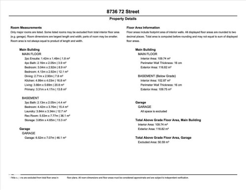 Property Details. Presenting room measurements and floor area information for the property - 8736 72 Street Nw, Edmonton, AB - Other