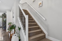 Carpeted staircase featuring white handrails and black metal balusters - 