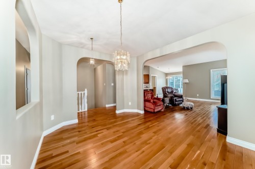 Warm wood-finish flooring throughout, complemented by arched doorways and a recessed wall opening - 29 929 Picard Drive, Edmonton, AB - Indoor