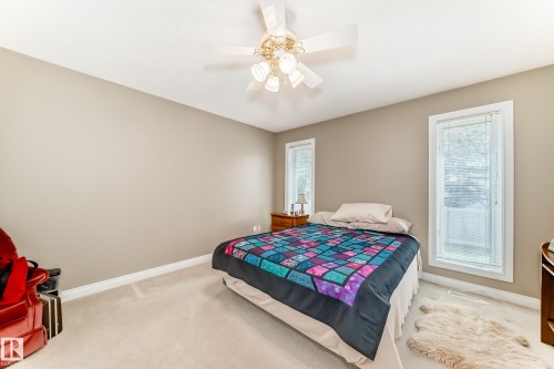 Spacious room featuring neutral-toned walls, plush carpeting, a white ceiling, dual windows with white trim, and an overhead ceiling fan light fixture - 29 929 Picard Drive, Edmonton, AB - Indoor Photo Showing Bedroom