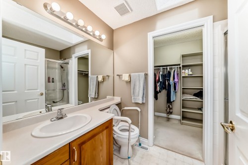 Bathroom featuring a wood vanity with an integrated sink, a large mirror with strip lighting, a walk-in shower with a glass enclosure, and an adjacent walk-in closet with shelving and hanging storage - 29 929 Picard Drive, Edmonton, AB - Indoor Photo Showing Bathroom