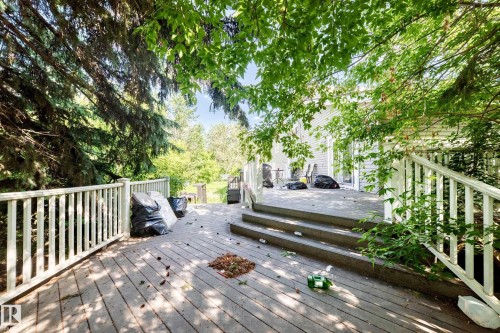 Multi-level wood deck featuring white railings, surrounded by mature trees and lush foliage - 199 Westridge Road, Edmonton, AB 