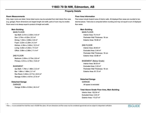 Property Details Document. Detailing property room measurements and floor area information - 11603 70 Street Nw, Edmonton, AB 