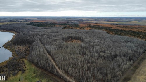 Expansive land parcel featuring dense deciduous forest, a natural water body along the perimeter, and a distinct boundary line - Rge Rd 62, Rural Barrhead County, AB 