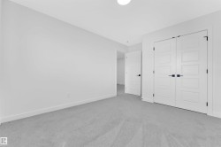 Light gray carpeting extends throughout this room, featuring white walls and baseboards - 