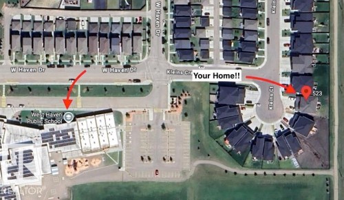 Satellite Map. Indicating the location of the property relative to a local school and surrounding roads - 523 Kleins Court, Leduc, AB - Other