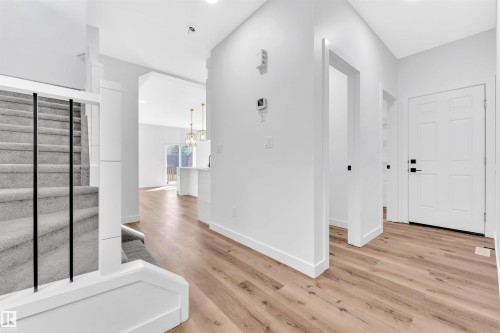 Entryway featuring wood-finish flooring, white paneled doors, and a staircase with carpeted treads and black metal balusters - 523 Kleins Court, Leduc, AB - Indoor Photo Showing Other Room