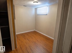 Bonus room in basement with wood-finish flooring, light tan paneled walls, and white baseboards - 